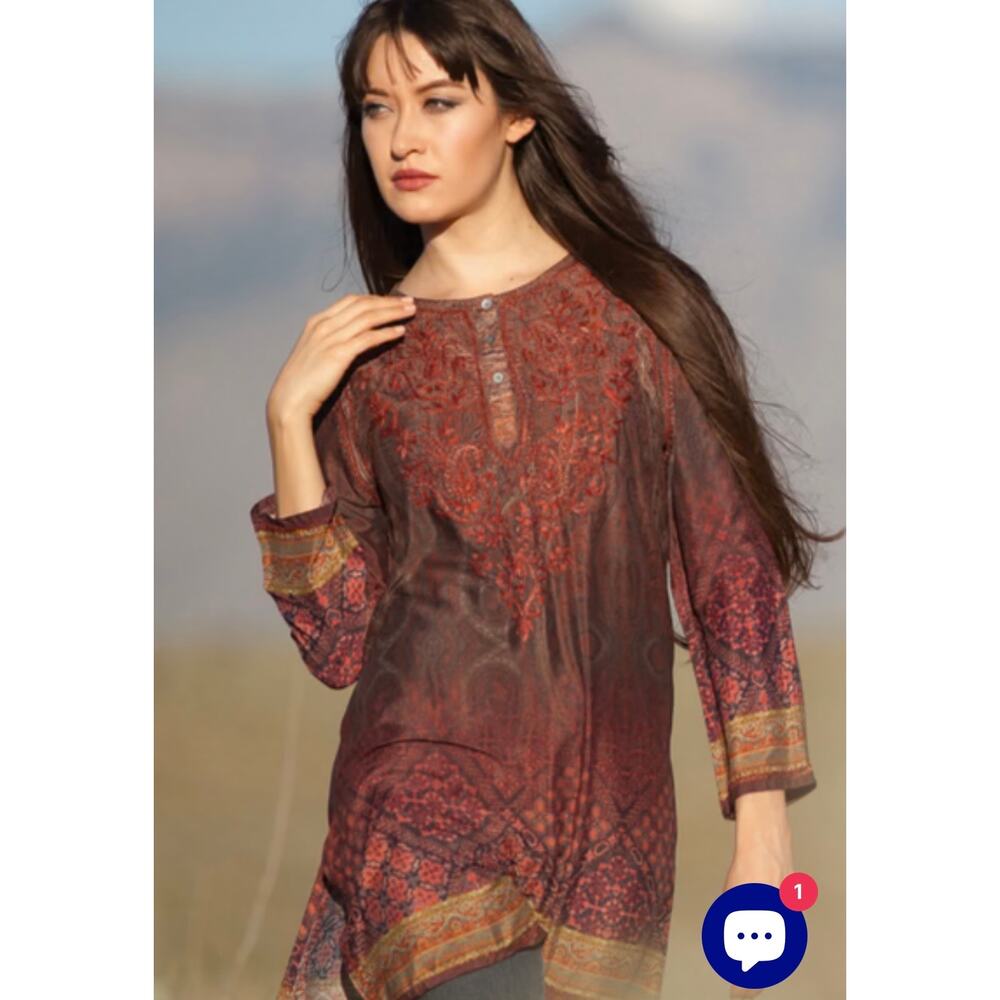 SEVYA Deena Burgundy 100% Silk Tunic Top Hand Embroidered